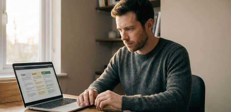 Build Global Authority Faster SEOWriting AI review showing strategist reviewing multilingual AI-generated blog drafts at sunrise