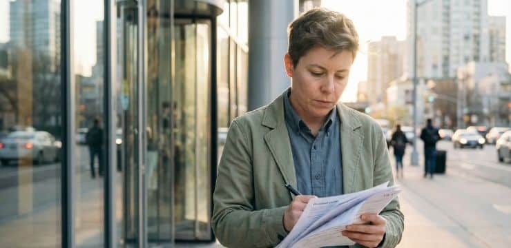 Build Once, Update Everywhere Course creator reorganizing printed course outline outside office building in morning light.