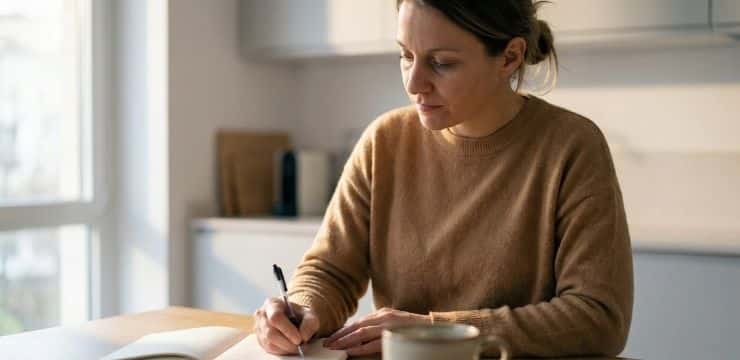 Captions That Stop the Scroll Course creator writing authentic caption by hand in sunlit kitchen after AI engagement drop