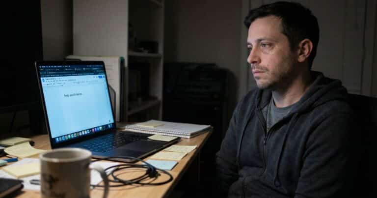 AI content agent for creators scene showing male creator at laptop at night with tangled cables in home office