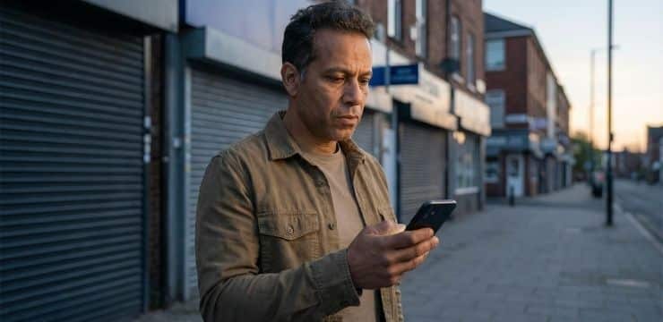 Dominate AI Search Answers Founder reviewing AI search results on phone at dawn sidewalk after losing visibility in AI answers