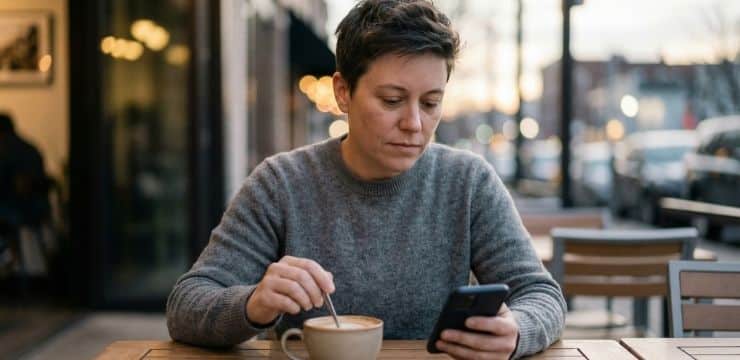 affordable AI writing tool decision moment, creator reviewing phone at outdoor café with fresh coffee
