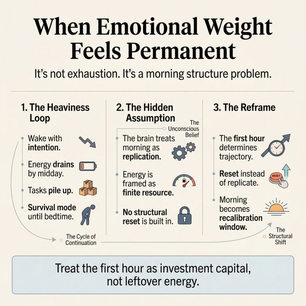 Emotional burnout infographic showing morning reset framework in a three-column editorial layout