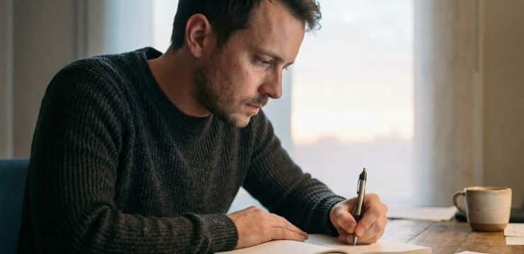 End the Blinking Cursor creative breakthrough at dawn, male writer focused on notebook in softly lit home office setting