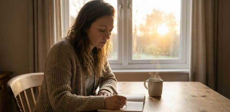 End-of-Day Reset to Never Give Up Woman entrepreneur writing in notebook at sunset desk after resetting focus from overwhelming workday