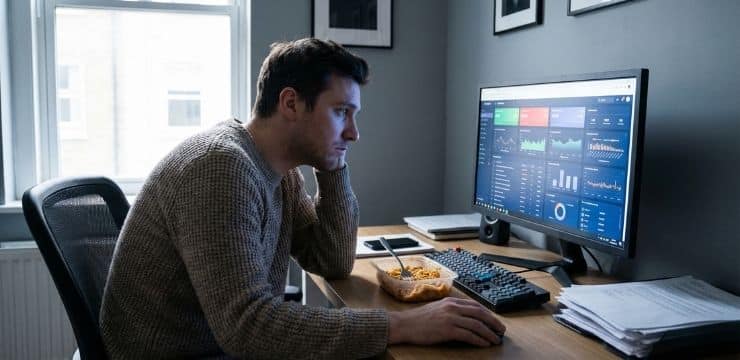 Escape the Hustle Fatigue Founder staring at crowded inbox on laptop with cold coffee on desk, showing hustle burnout in small office