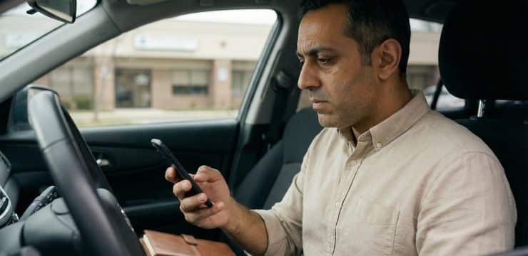 Essential AI Tool for Small Businesses best AI tools for small businesses, entrepreneur in parked car deciding to call missed lead immediately