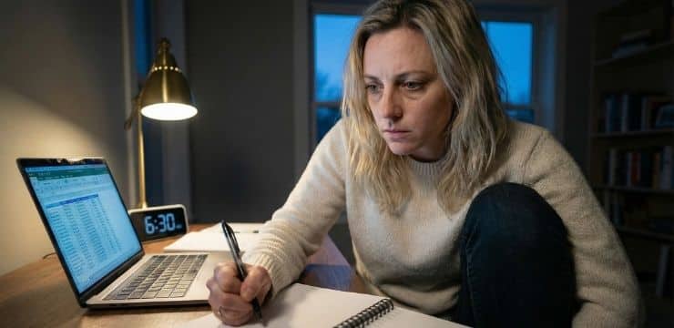 Grit When the Hype Ends Founder staring at crowded inbox on laptop with cold coffee on desk, showing hustle burnout in small office