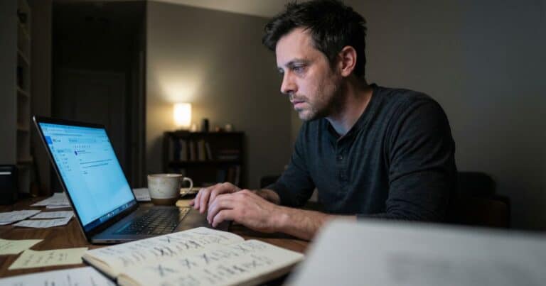 Overthinking entrepreneur staring at laptop at 2 AM in dim home office with scattered notes and blue screen glow