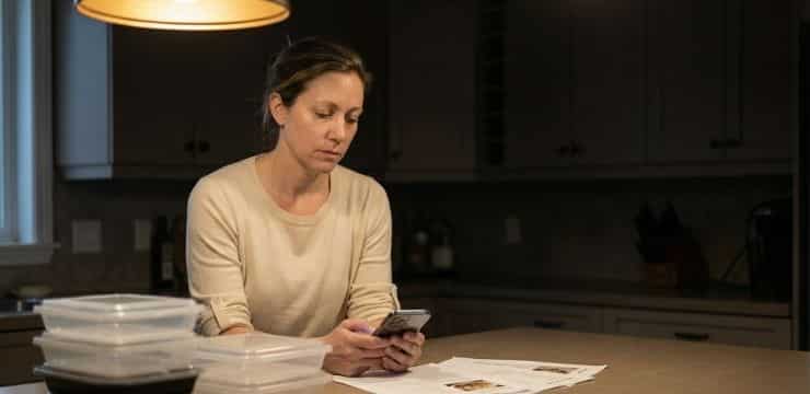 High Conversion, Authentic Voice entrepreneur burnout routine, female founder ordering takeout beside untouched meal prep containers in warm kitchen