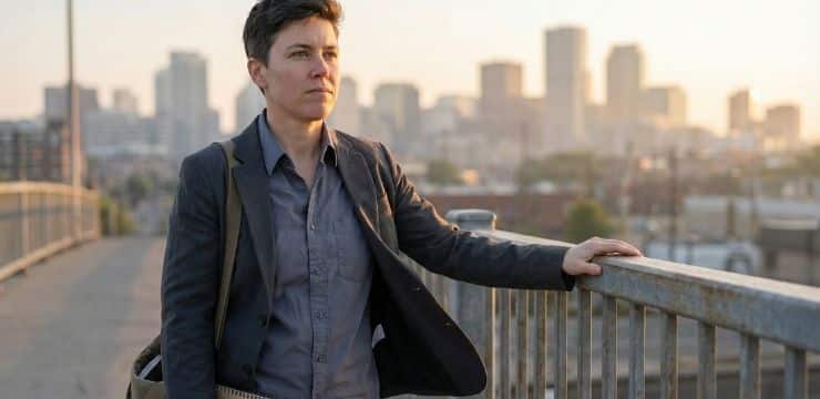 Human Edge, Not AI Code Health course creator standing on pedestrian bridge at sunrise after AI detection rejection