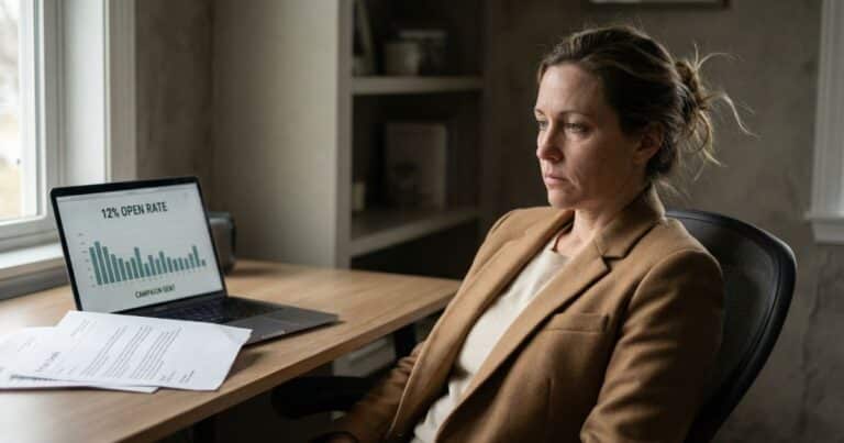 email marketing open rate disappointment, female founder staring at laptop in dim home office at noon