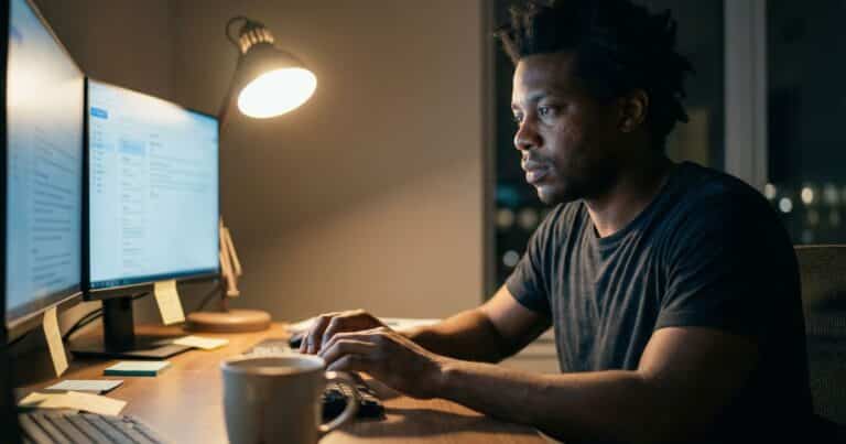 Founder answering customer support tickets alone in a dim home office late at night