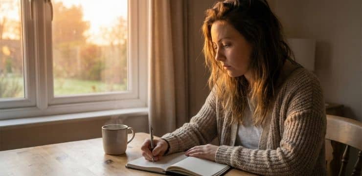 One Quote, One Moment Female entrepreneur writing in notebook at sunset home office after regaining focus from busy workday