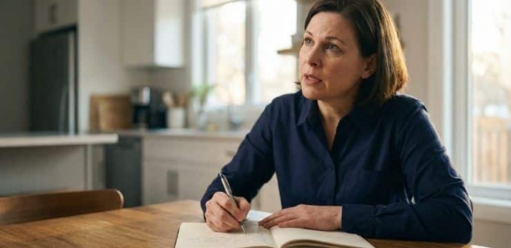 Reclaim Your Creative Voice Strategic skill preservation concept, female content creator writing by hand at kitchen table in morning light rebuilding her voice
