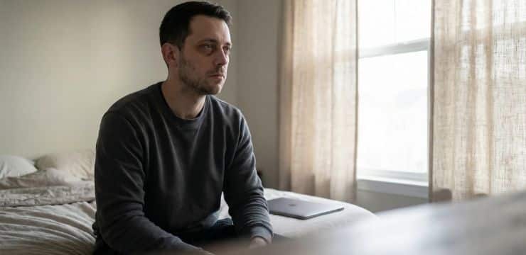 Rest Is Your Secret Weapon Resilience and rest concept, tired man sitting on bed in morning light choosing recovery over work