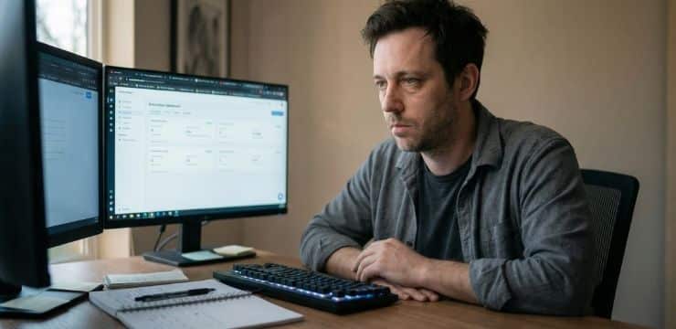 Scale Your Blog Effortlessly SEO creator working in organized home office with morning light, representing automated publishing workflow