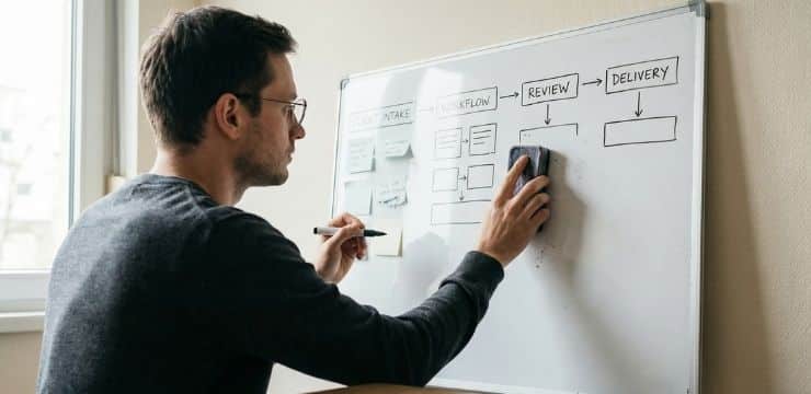 Scale Your Vision Today Small business founder organizing workflow system on whiteboard in daylight, emphasizing systems over hustle