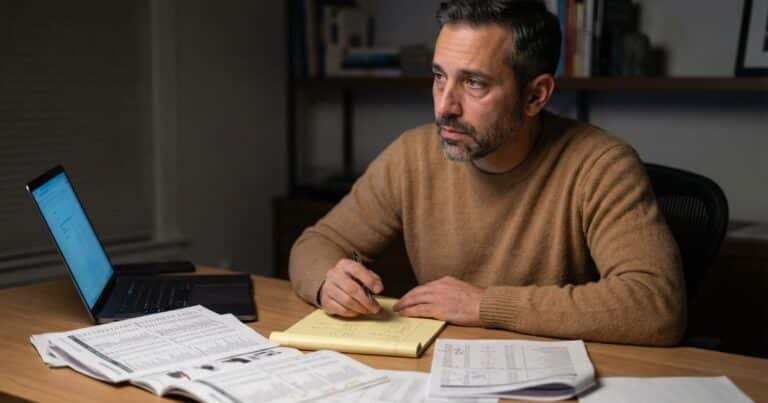 Founder reviewing product descriptions at night with supplier catalog pages spread across desk