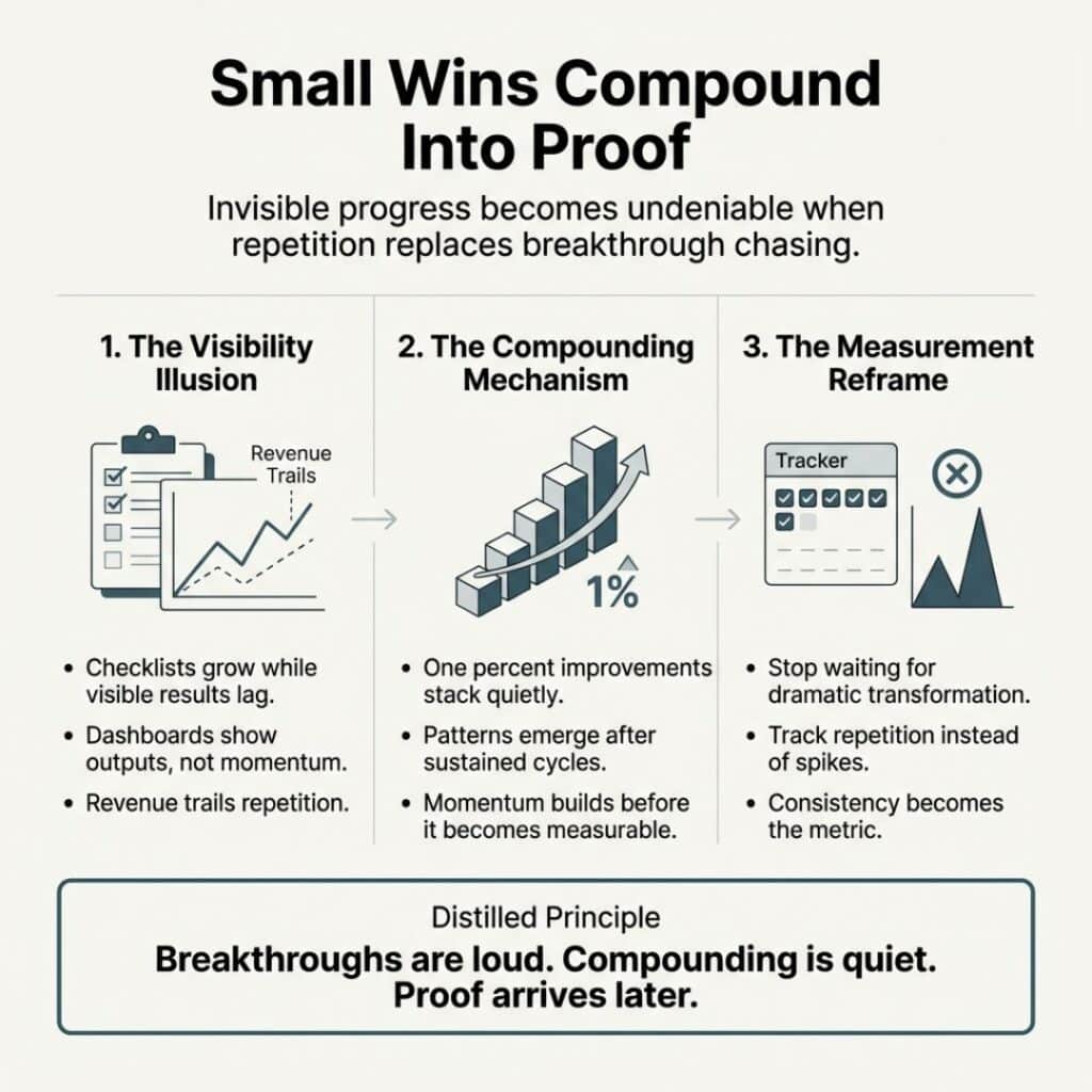 Small wins quotes infographic showing how invisible progress compounds into measurable proof over time