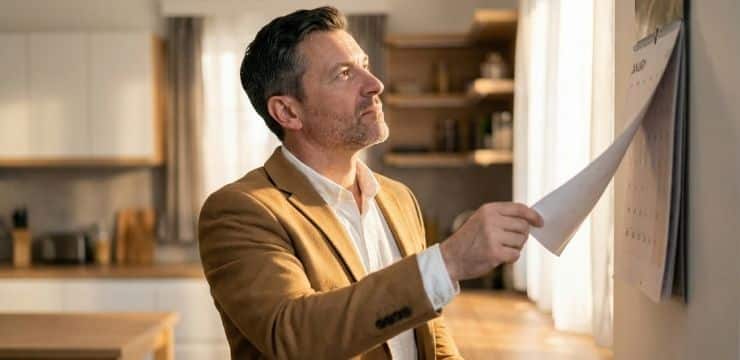 Stay Ethical, Stay Original AI content strategy concept, male creator adjusting kitchen calendar in morning light after ethics debate