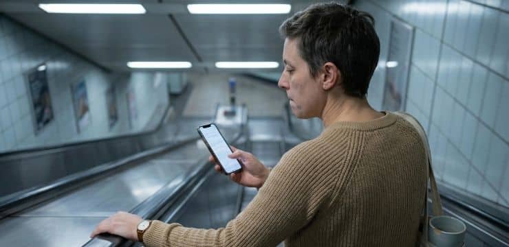 Stop the Robot, Keep the Speed Humanize AI text: Content creator riding metro escalator, gripping rail while checking phone under cool station lights