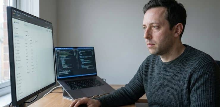 Stop Your Subscription Fatigue AI workspace consolidation scene with founder using single monitor in clean office