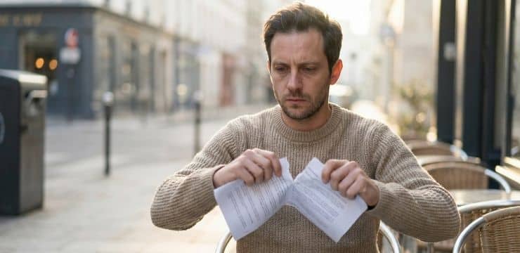 What if AI could learn YOUR voice Course creator tearing printed AI draft at outdoor café in morning light, reclaiming his teaching voice