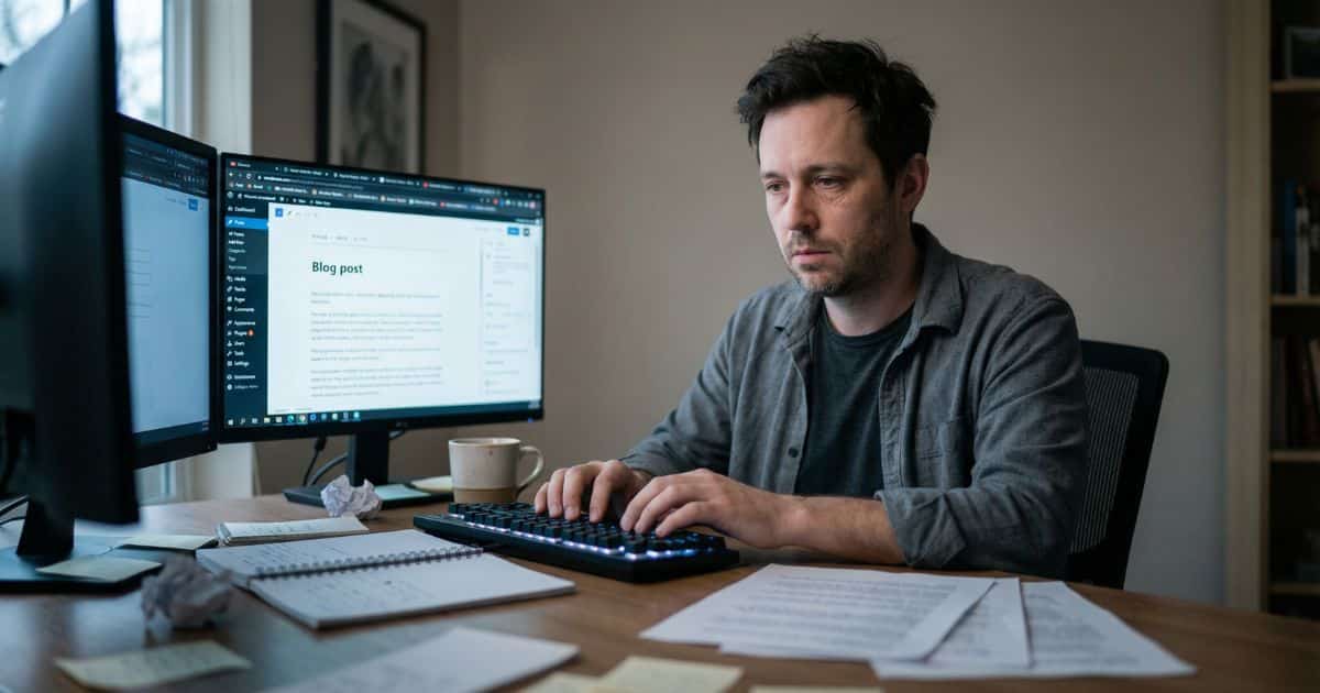 SEO creator pausing mid-typing at desk under monitor glow, symbolizing content publishing fatigue