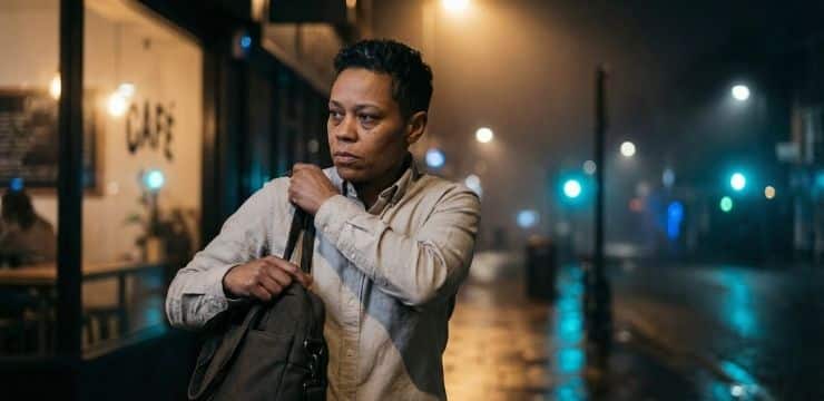 Write Faster, Stay Creative Writer under streetlight closing laptop bag at night, shifting approach after frustration with generic AI writing tools.