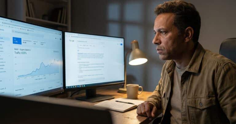 Brand ranking on Google analytics dashboard while missing from AI answer results in home office at night