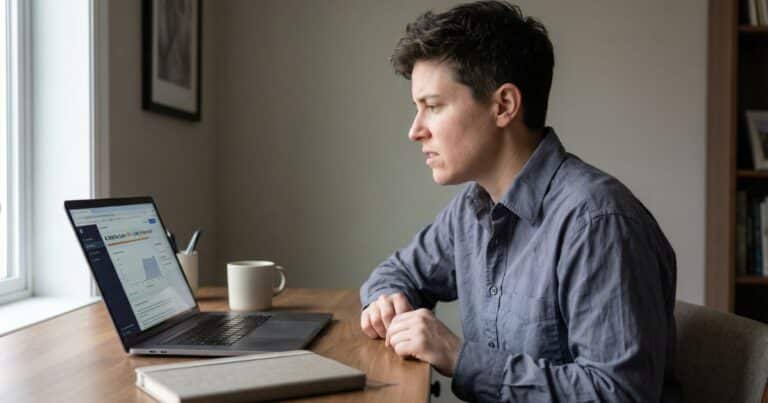 Health course creator reviewing AI detection result at home office desk wearing structured gray shirt