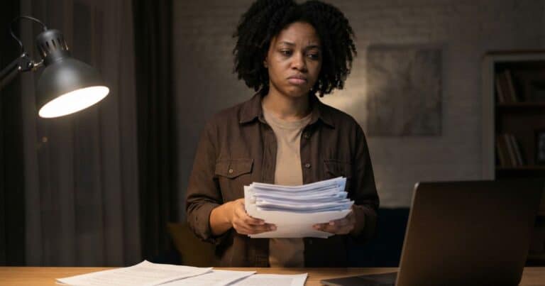 AI content not ranking, black female SEO copywriter holding printed blog articles in home office at night