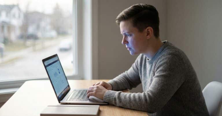 Search console traffic drop with stable rankings, digital marketing creator analyzing SEO performance on laptop at morning desk