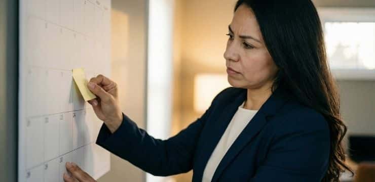 Demos Over Vanity Metrics SaaS pipeline content strategy, founder placing meeting note on empty calendar to track demo bookings