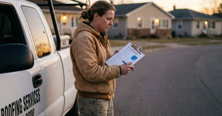 Google business profile optimization roofing company owner reviewing listing outside work truck at dusk