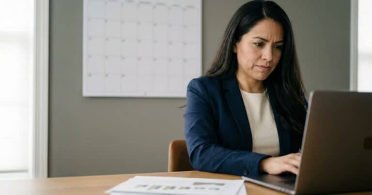 SaaS content marketing traffic but no conversions, founder reviewing analytics report with empty calendar in her office