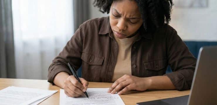 Scale Content Without Losing Soul Editorial content optimization process, black female SEO copywriter editing printed article with pen at morning desk