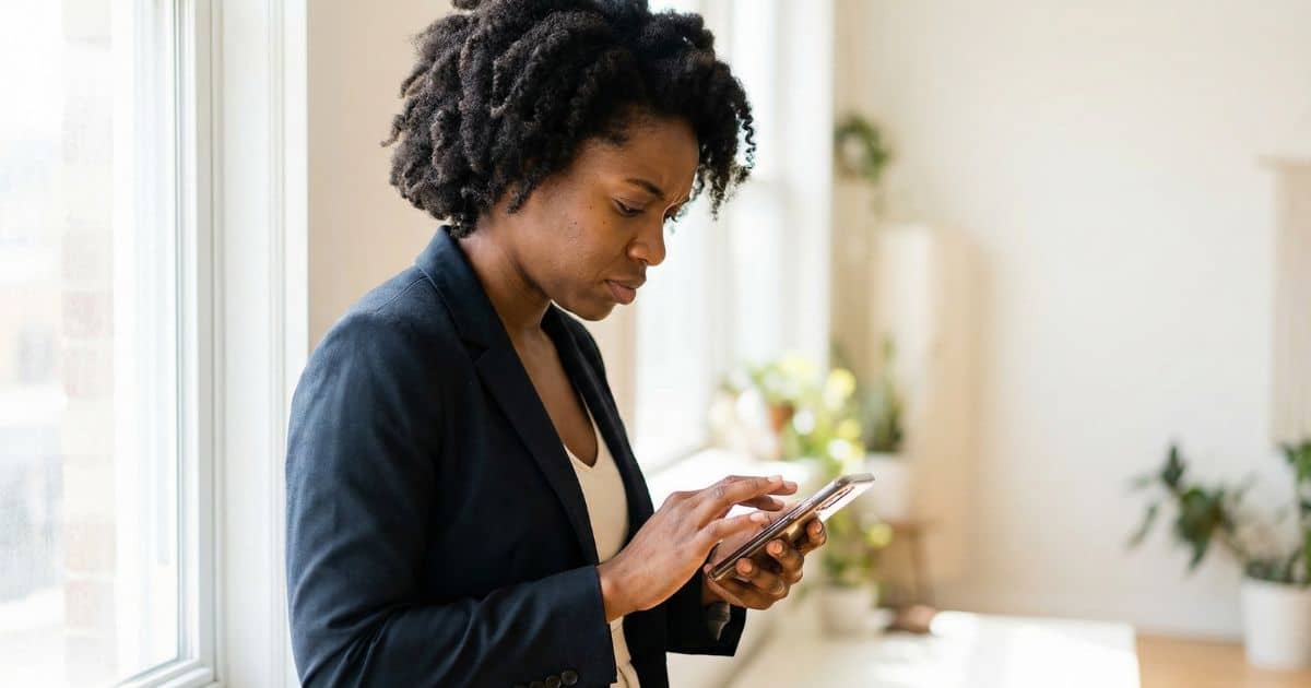 Social media caption optimization for search, female creator using phone one-handed near window in daylight