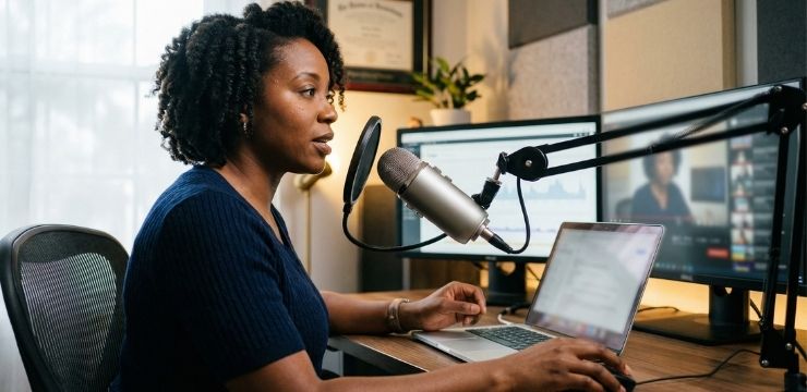 Expertise Liquidity System For Content Repurposing B2B podcast content repurposing strategy, black female creator recording webinar in home studio with multi platform workflow setup