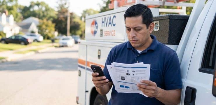 HVAC Contractor Reviewing Local SEO System HVAC contractor reviewing local SEO system outside work truck in daylight to improve Google Map Pack rankings and calls