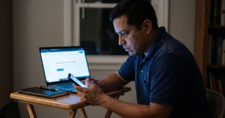 HVAC contractor checking phone with no service calls at night in home office after updating Google Business profile