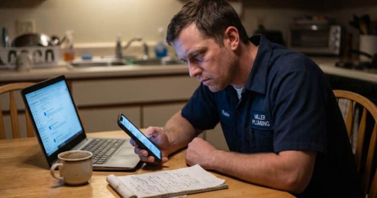 Plumber checking Google Business Profile posts at night with no improvement in local SEO rankings despite consistent activity