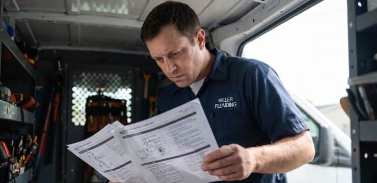 Local SEO System For Plumbers Plumber reviewing local SEO system inside work van to diagnose ranking issues and fix Google Maps visibility