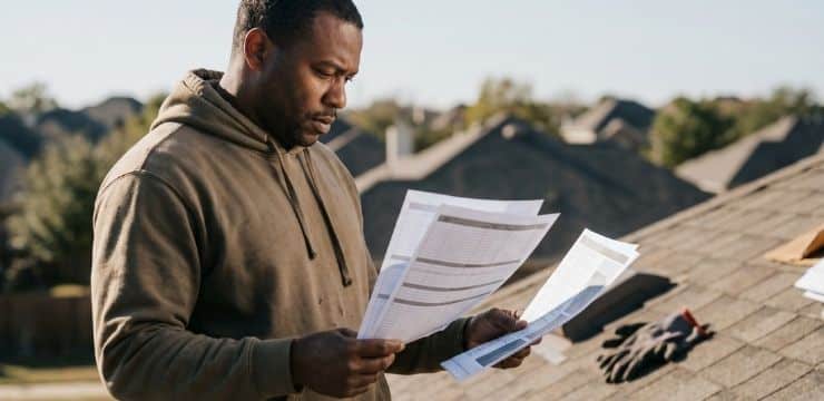 Roofing contractor reviewing local SEO signals Roofing contractor reviewing local SEO signals on rooftop to improve Google Maps Pack ranking and get more leads