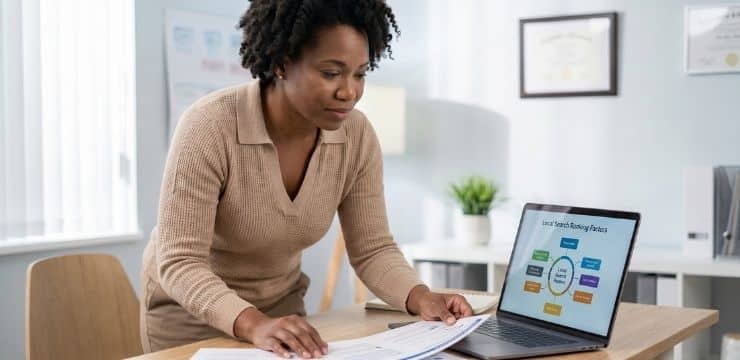 NP SEO Strategy to Improve Google Business Profile Psychiatric nurse practitioner reviewing local SEO and review strategy to improve Google Business Profile rankings and visibility